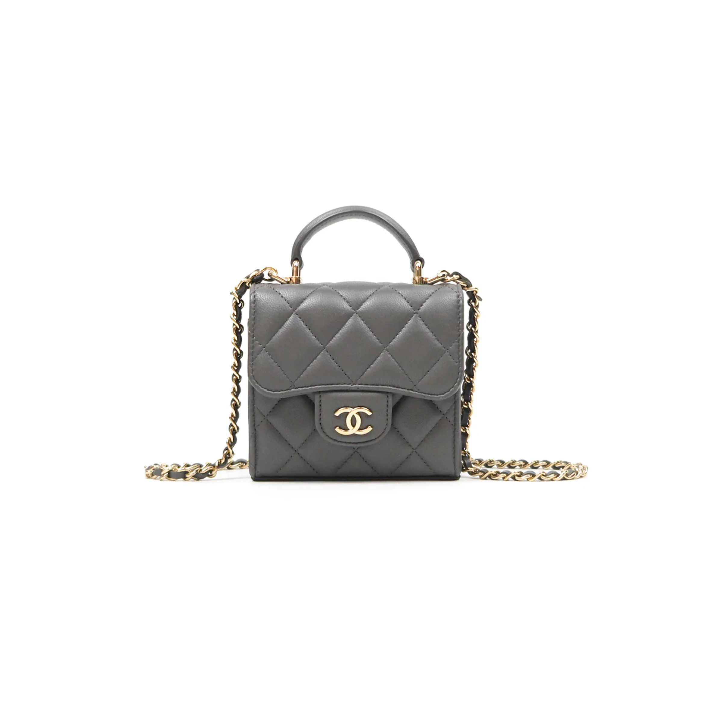 CHANEL MINI HANDLE CLUTCH WITH CHAIN GREY LAMBSKIN AP2682 (12*11*5cm)